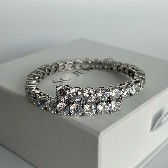 Silver Bracelet Real Crystal Adjustable Cuff Platinum Plated Luxury Jewelry - Picture 3 of 13